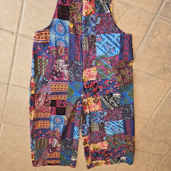 Bright Geo-patch Overalls Jumpsuit L Wide Leg New - Picture 2 of 4